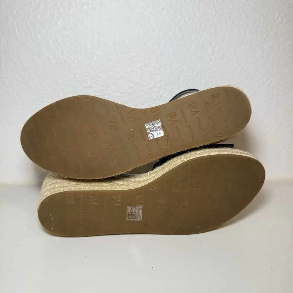 Pelle Moda Womens 9.5M Navy Suede Espadrille Wedge Sandals Scalloped Ankle Strap